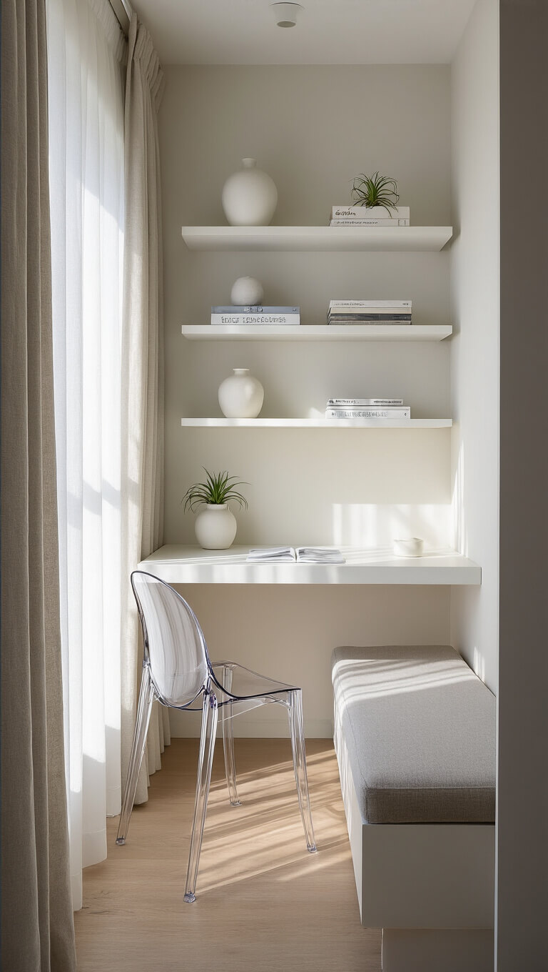 Compact living nook with floating white desk, ghost chair, and minimal shelves holding ceramics, books, and an air plant, lit by natural daylight.