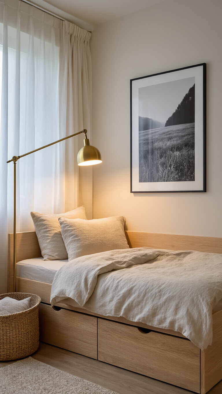Cozy corner of a small bedroom at dusk with warm lighting, a light oak platform bed with cream linens, a brass floor lamp, large black and white photo above, and a woven basket with pillows.
