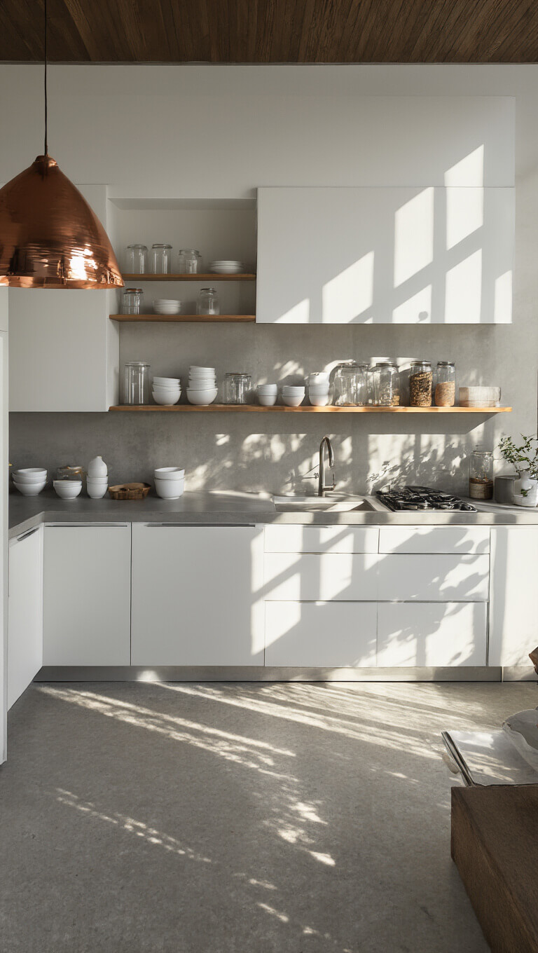 Bird's eye view of a minimalist 200 sq ft kitchen with white handleless cabinets, concrete countertops, open shelving, and a copper pendant light casting shadows in morning light.