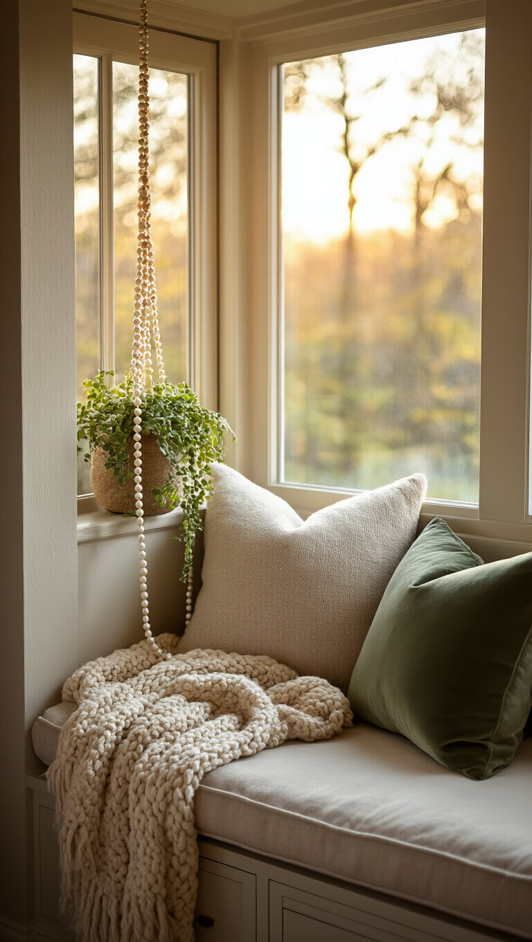 Golden hour window seat nook with oatmeal linen cushion, sage green velvet pillow, chunky knit throw, and hanging string of pearls plant.
