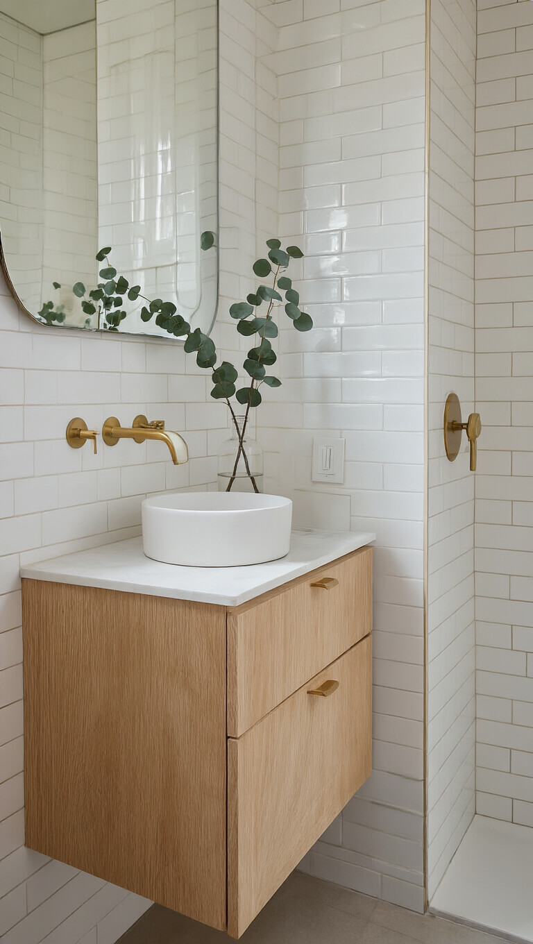 Corner view of a small bathroom with bone white subway tiles, floating bleached oak vanity, vessel sink, brass fixtures, and a eucalyptus branch in a clear vase.