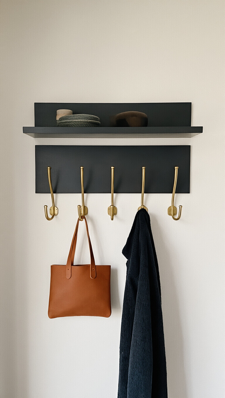 Entryway wall with matte black floating shelf, brass coat hooks, and leather catch-all in afternoon light.