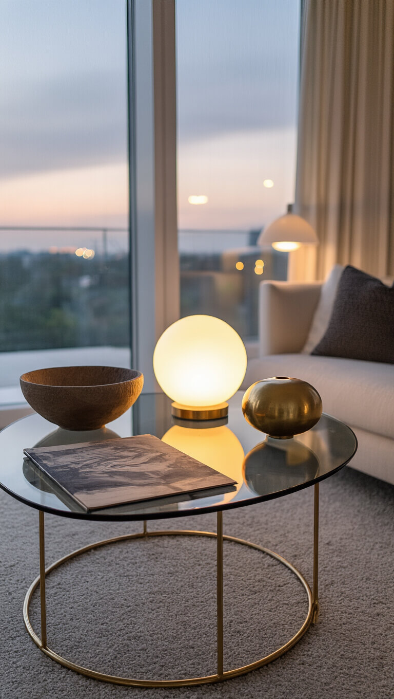 Twilight detail of styled living room coffee table with art book, ceramic bowl, and brass object on smoked glass surface, softly lit by table lamp with dreamy bokeh effect.