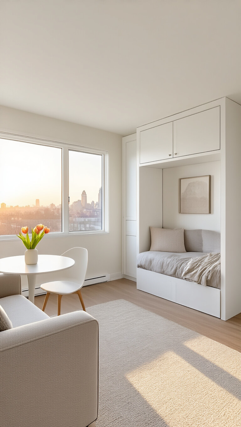 Sunlit 300 sq ft studio with Murphy bed, tulip table dining nook, and greige linen sofa in a neutral-toned space.