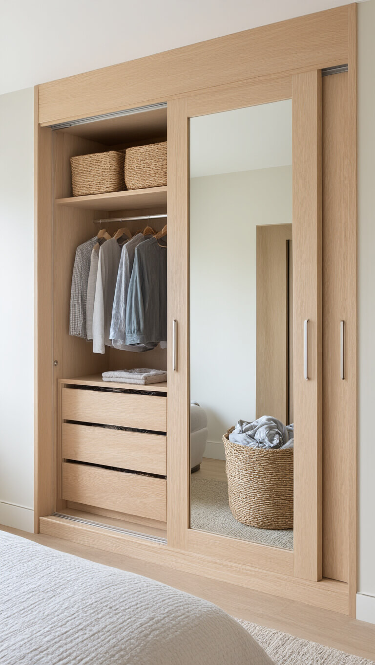 Custom light oak floor-to-ceiling bedroom closet with invisible handles, full-length mirror on sliding door, and woven laundry basket in soft afternoon light.