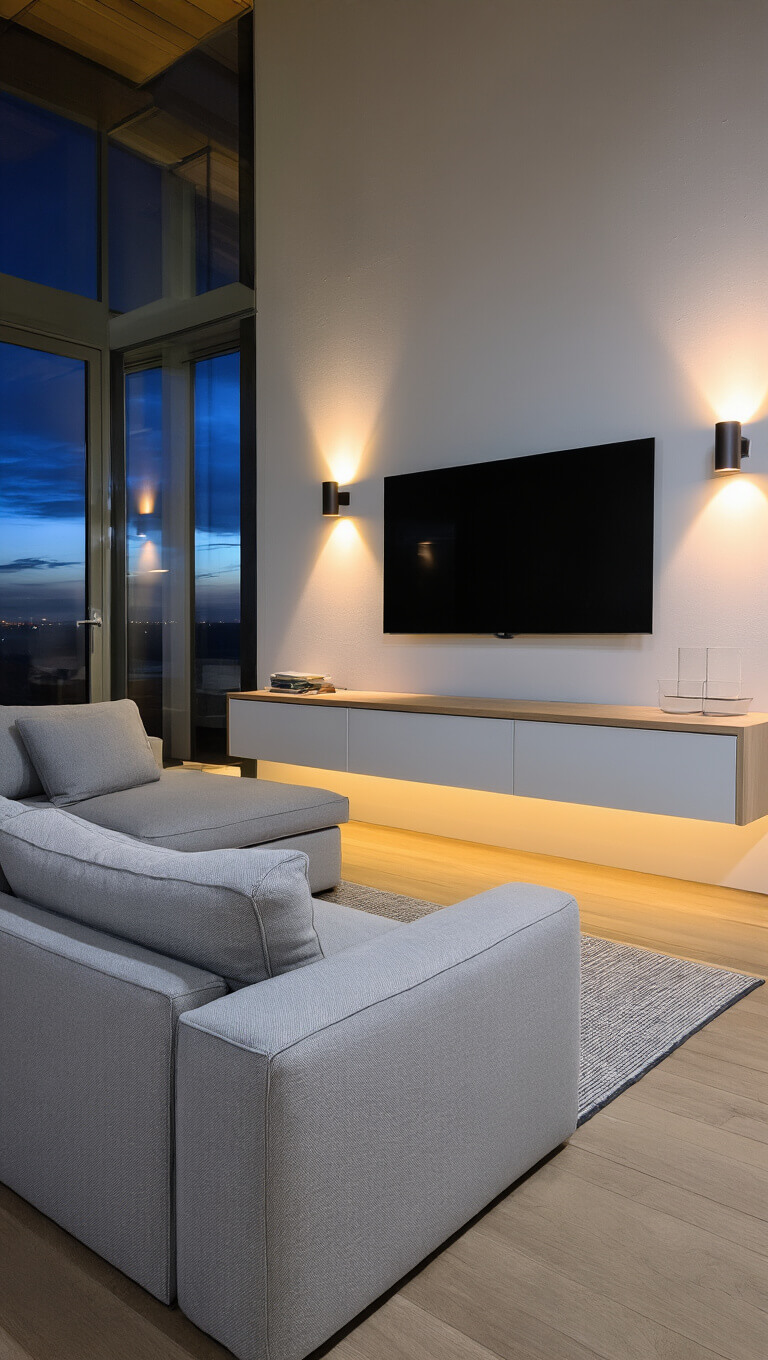 Cozy evening living room with light gray modular sofa, white oak floating media console, and wall-mounted TV under dim sconce lighting.