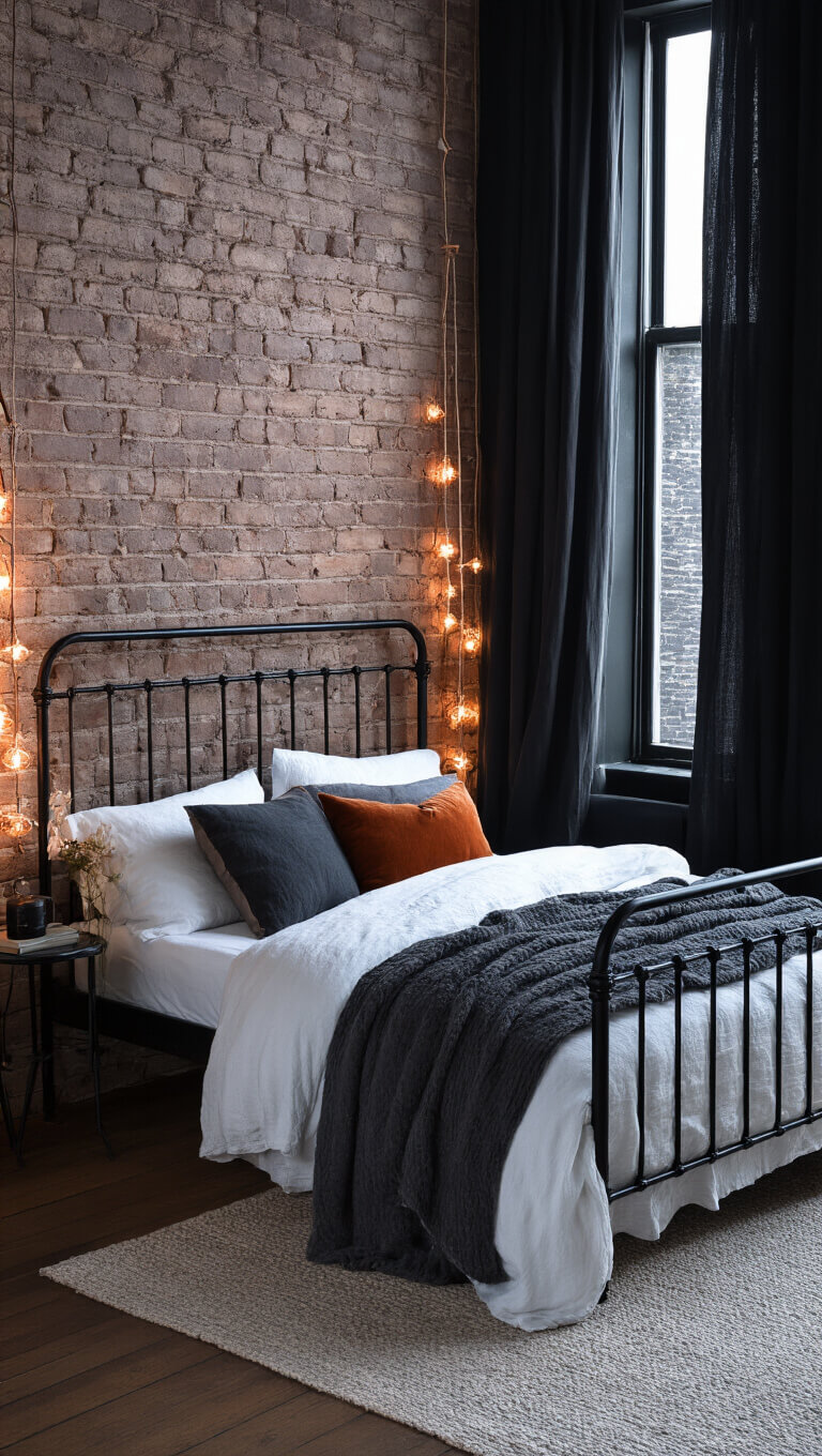 Moody twilight bedroom with matte black brick wall, billowing black curtains, vintage black iron bed layered with white, charcoal, and rust textiles, and copper string lights, viewed from above.