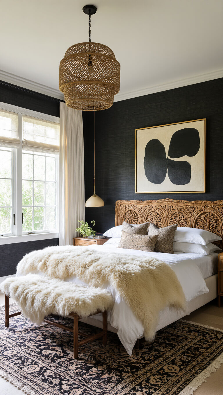 Master bedroom with black grasscloth walls, teak carved headboard, layered sheepskin and Persian rugs, abstract gold and black art, and rattan pendant in natural morning light.