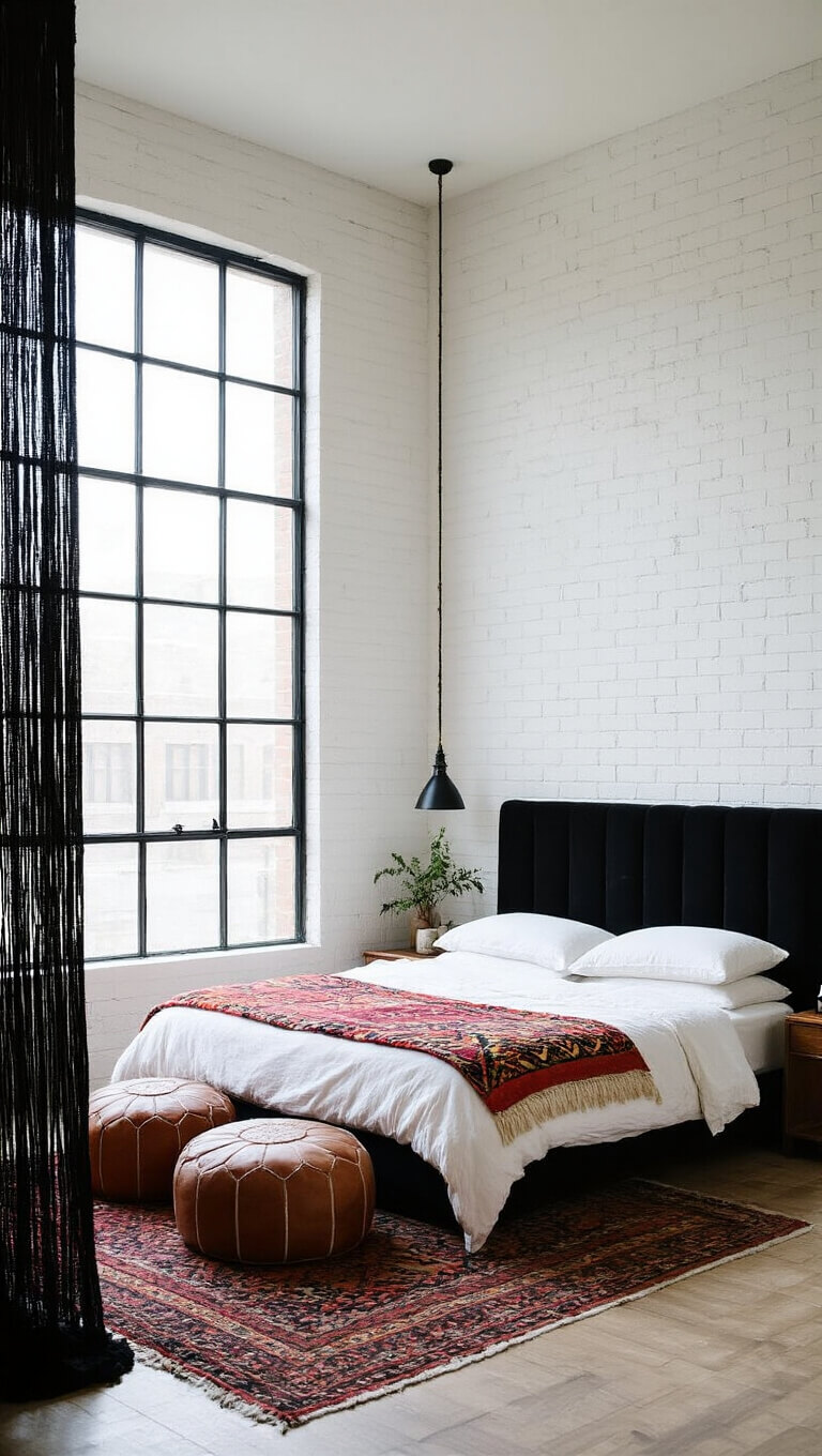 Modern bohemian bedroom with black steel windows, white brick walls, low platform bed with black velvet headboard, Moroccan wedding blanket, leather poufs, and black macramé curtain divider in bright natural light.