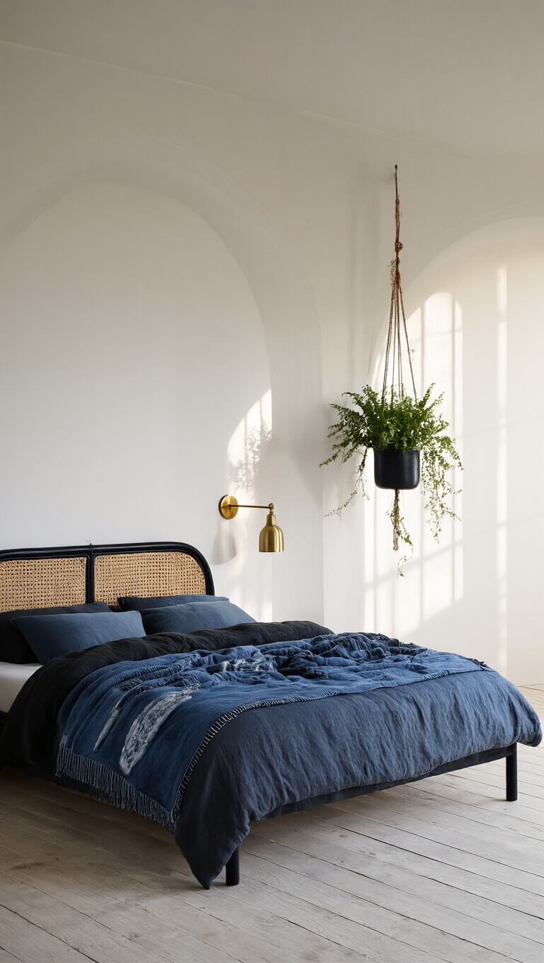 Minimalist boho bedroom at dawn with rattan bed, indigo textiles, black arch detail, and morning light streaming in.