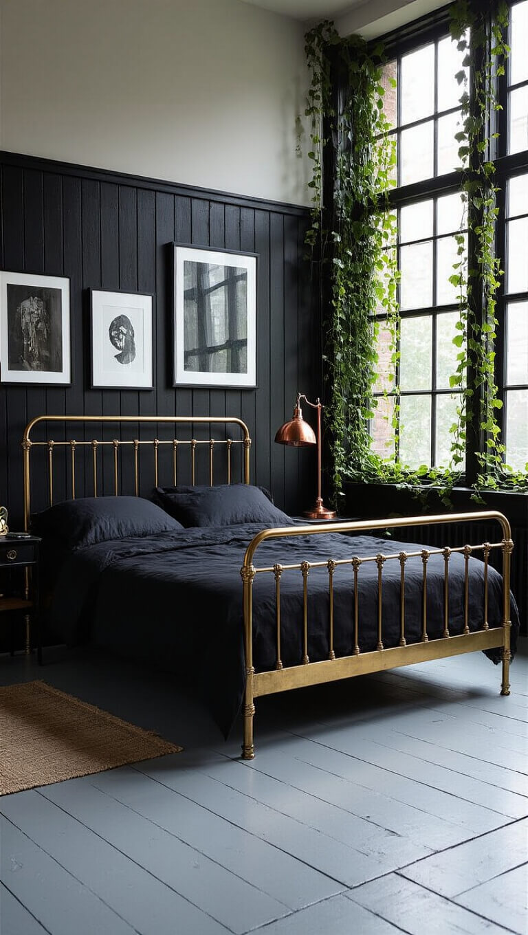 Moody artist's bedroom with black paneled walls, vintage brass bed, black silk bedding, gallery wall, and ivy, lit by copper floor lamp at blue hour.