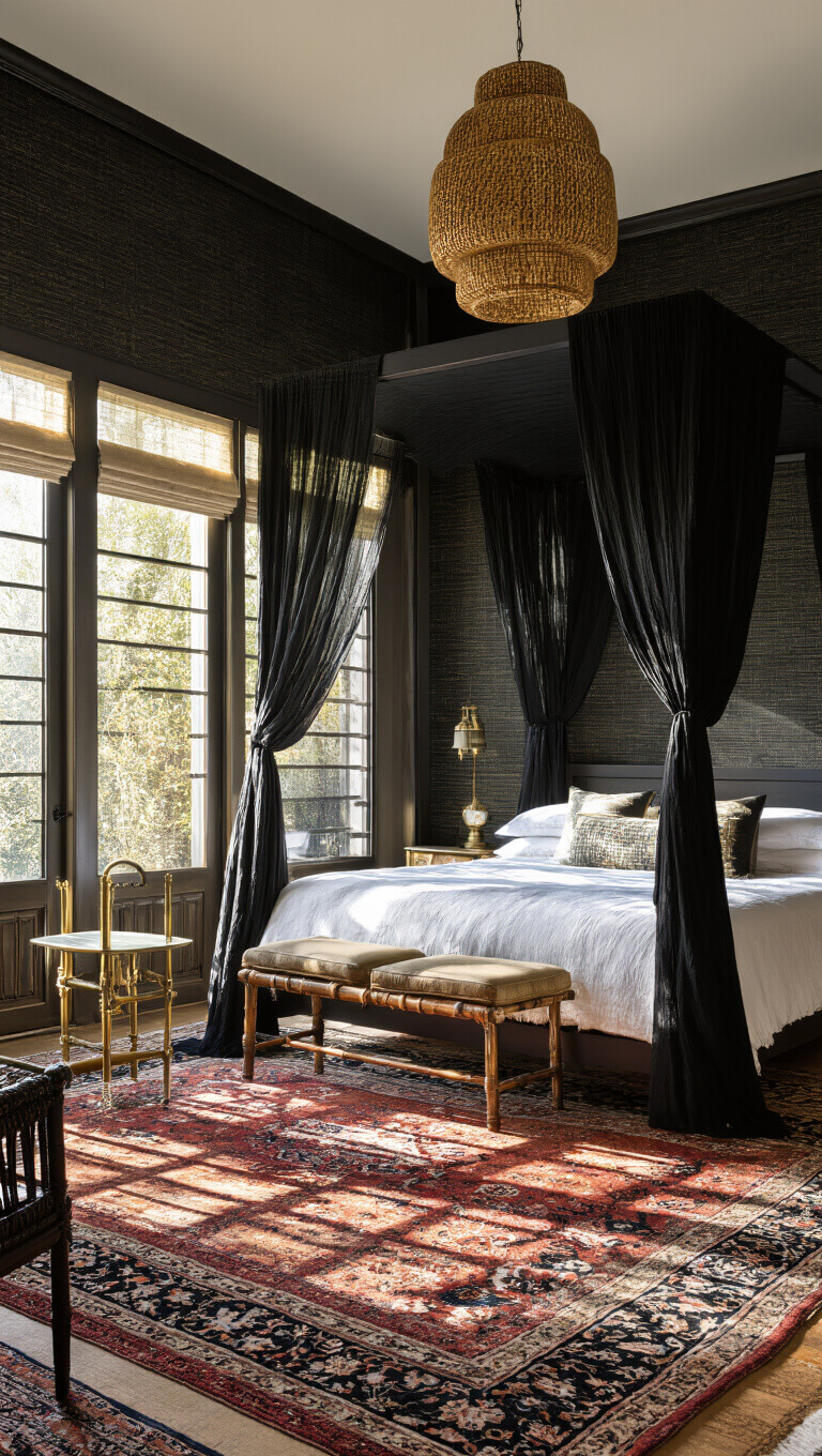 Eclectic bedroom with black grasscloth walls, four-poster bed draped in black muslin, carved wooden screens, layered oriental rugs, brass side tables, and rattan pendant casting dramatic shadows in late afternoon sun.