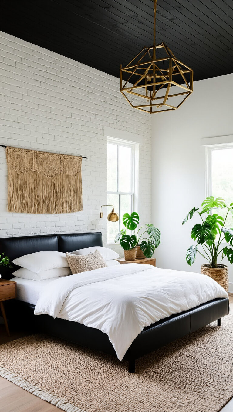 Rustic modern bedroom with black shiplap ceiling, whitewashed brick walls, black leather platform bed, woven wall hangings, monstera plants, and geometric brass chandelier, backlit by midday window light.