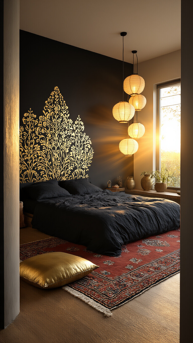 Zen boho bedroom at sunset with black accent wall, gold leaf detail, low Japanese bed, black bedding, Moroccan rug, brass cushions, and paper lanterns.