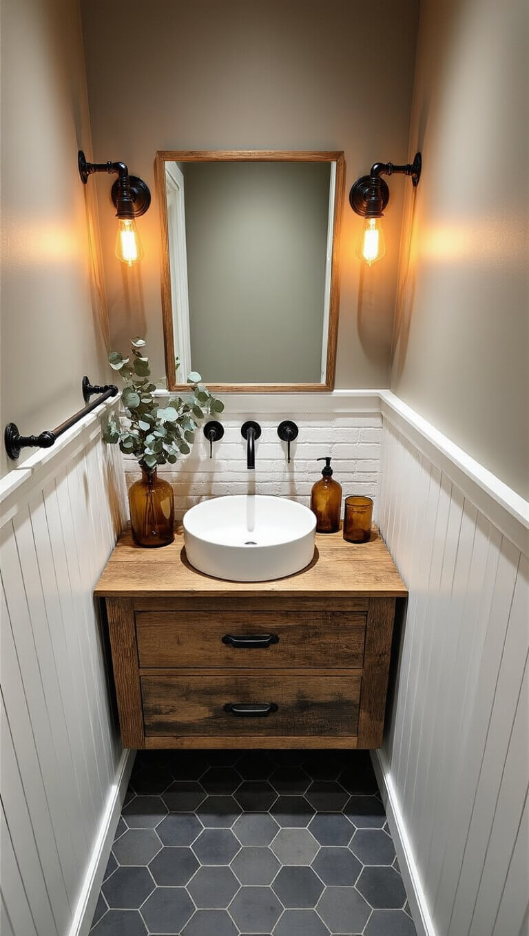 Mid-morning view of intimate 6x8ft powder room with reclaimed wood vanity, white vessel sink, whitewashed brick wall, industrial towel rack, Edison bulb sconces, hex slate floor, and amber glass decor.