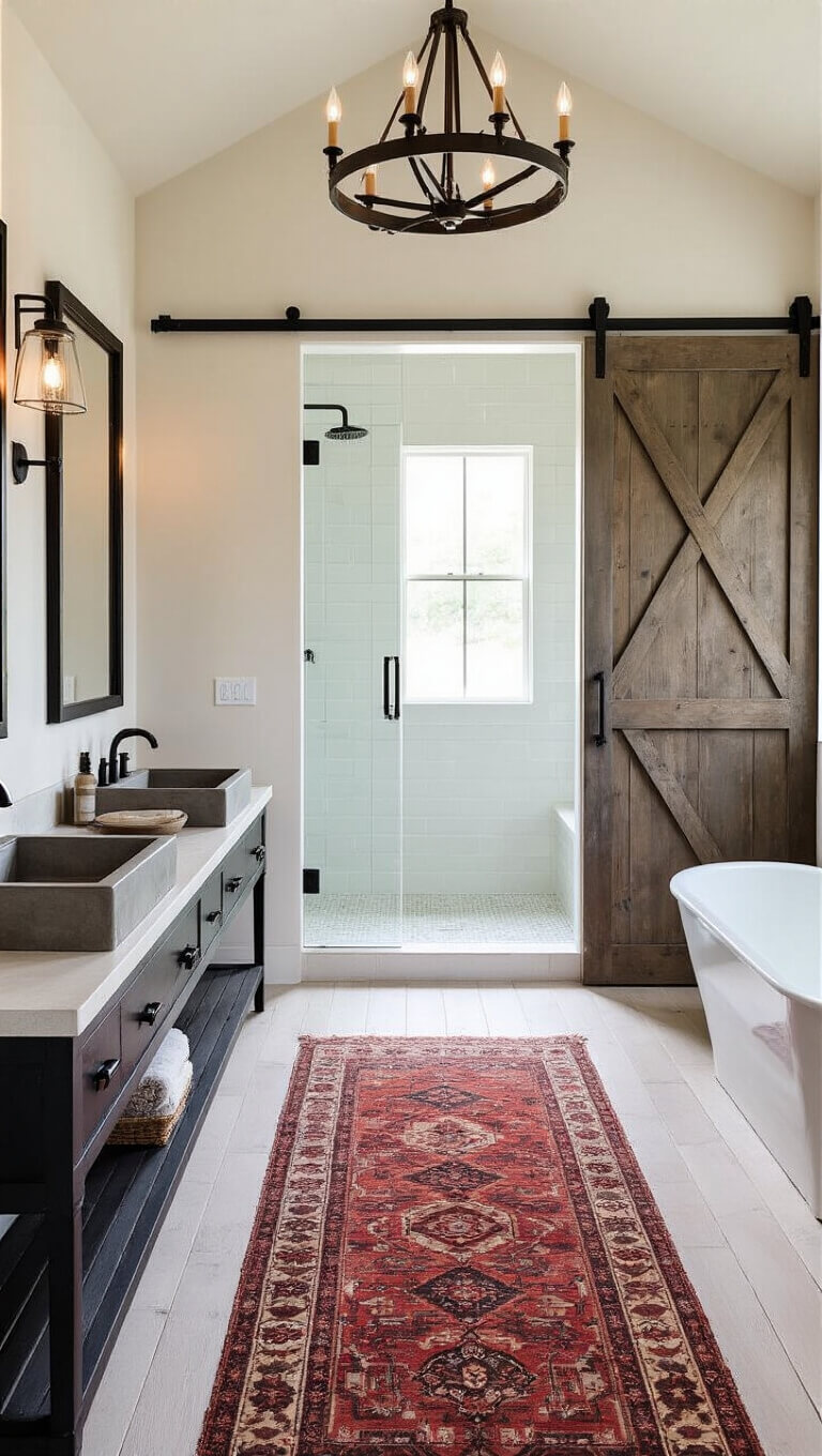 Bright master ensuite with double barn doors, concrete double trough sink on black steel frame, distressed metal chandelier, oversized mirror, vintage Persian runner, and whitewashed wood floors.