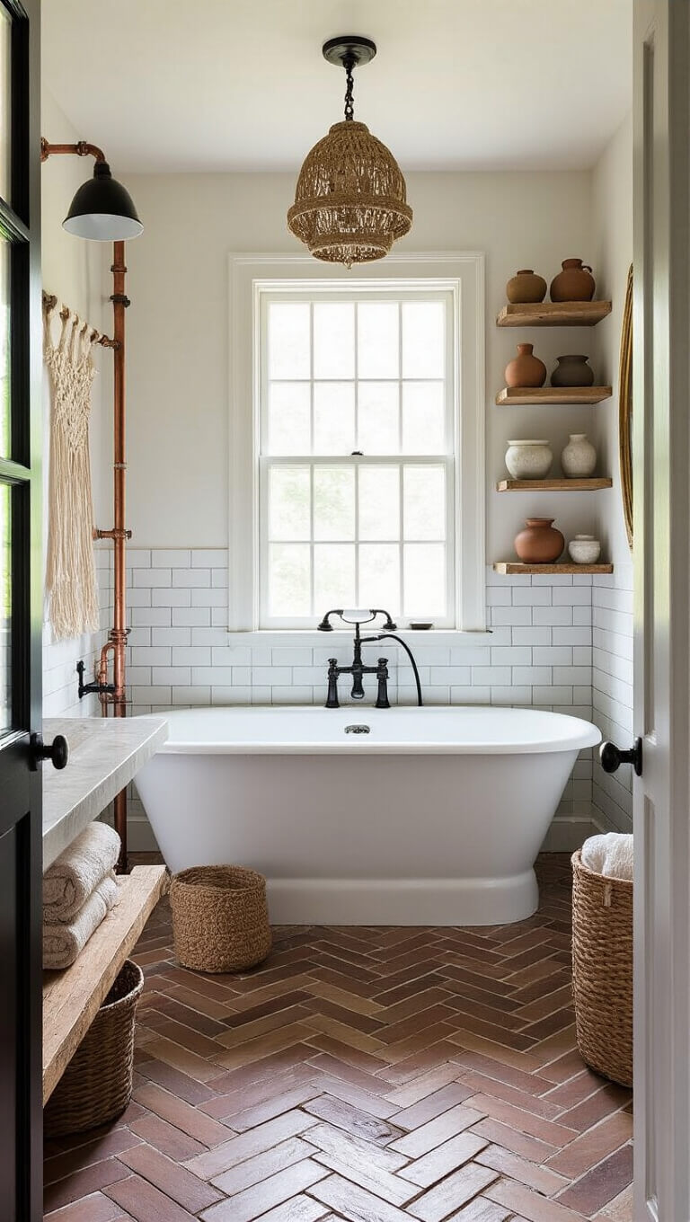 Cozy 10x12ft bathroom with herringbone marble floor, clawfoot tub under window, mixed metal fixtures, reclaimed wood shelves displaying pottery, and macramé wall hanging in soft morning light.