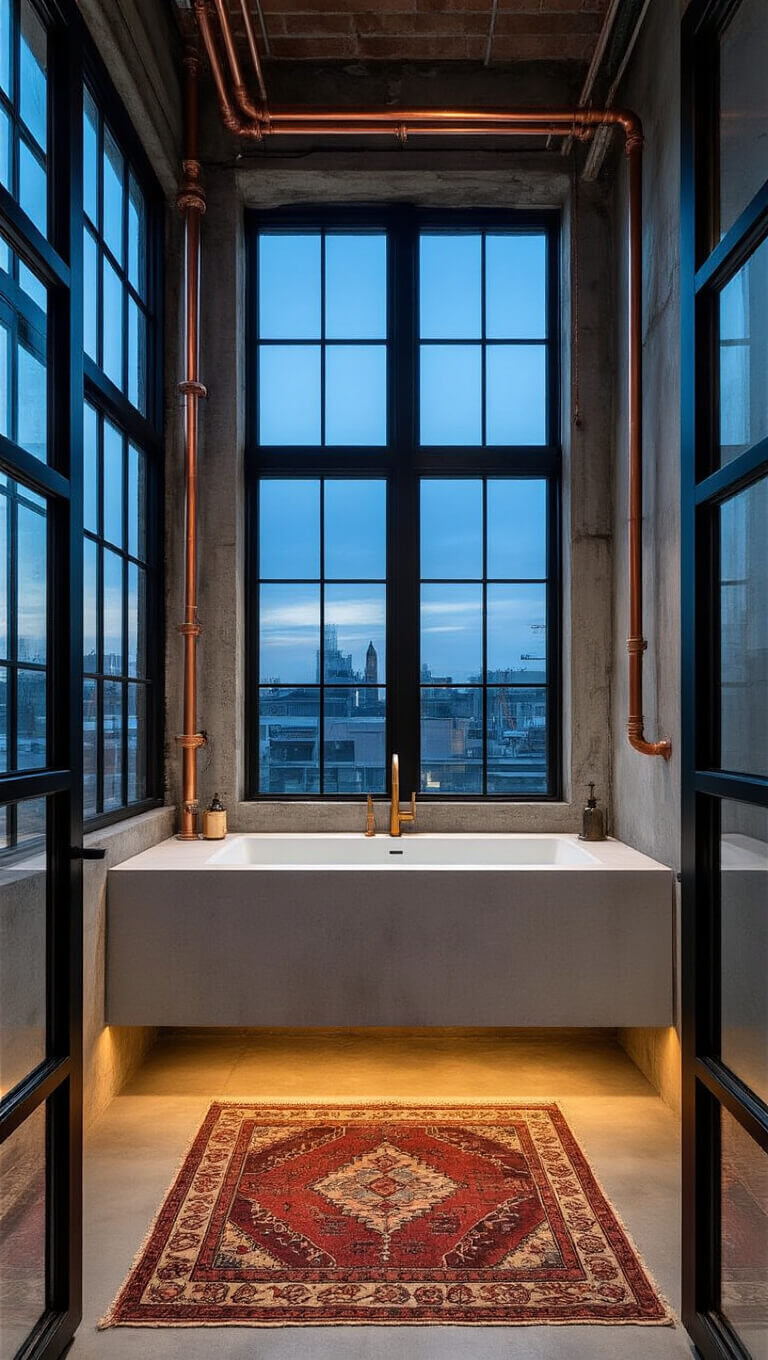 Industrial chic bathroom with concrete vanity, exposed copper pipes, and large black-framed factory windows illuminated during blue hour.