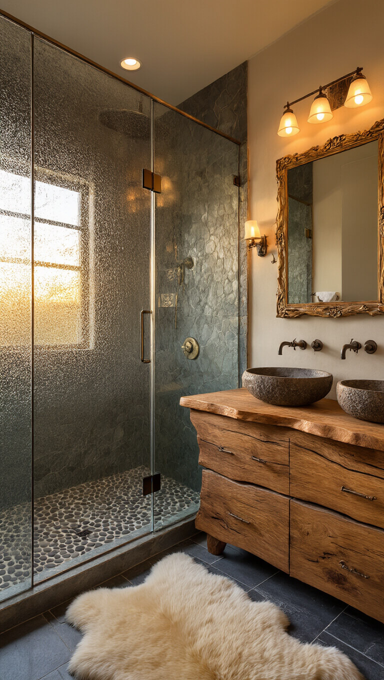 Rustic luxury master bath with steam shower and live-edge vanity at sunset.