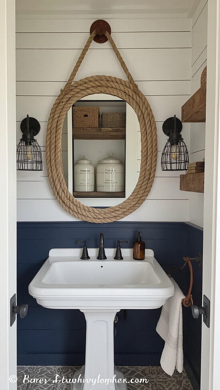 Modern farmhouse powder room with navy shiplap walls, white pedestal sink, rope-wrapped mirror, industrial sconces, and reclaimed wood shelves with vintage decor.
