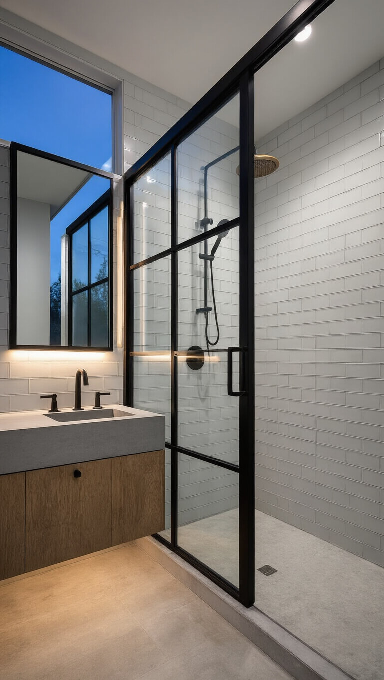 Contemporary barndominium bathroom with black steel-framed glass shower, floating concrete double vanity, vertical subway tiles, and mixed metal fixtures in evening light.