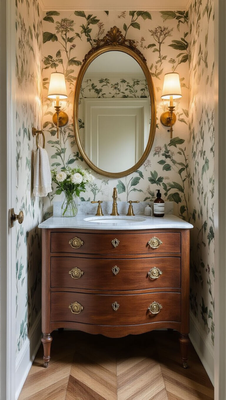 Vintage-modern powder room with antique marble-top vanity, brass mirror, botanical wallpaper, and herringbone wood floor bathed in golden hour light.