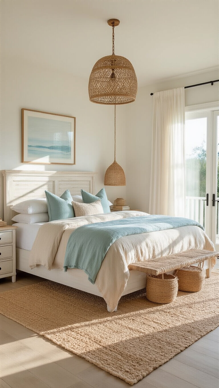 Coastal-style master bedroom at golden hour with king bed, natural fiber decor, and soft beige and seafoam accents.