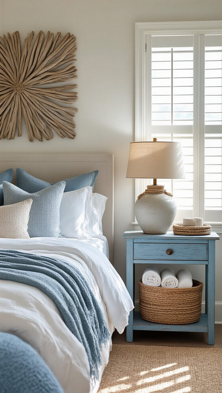 Cozy coastal bedroom with white linens, ocean-toned throws, driftwood art, and sunlight streaming through shutters creating soft shadows.