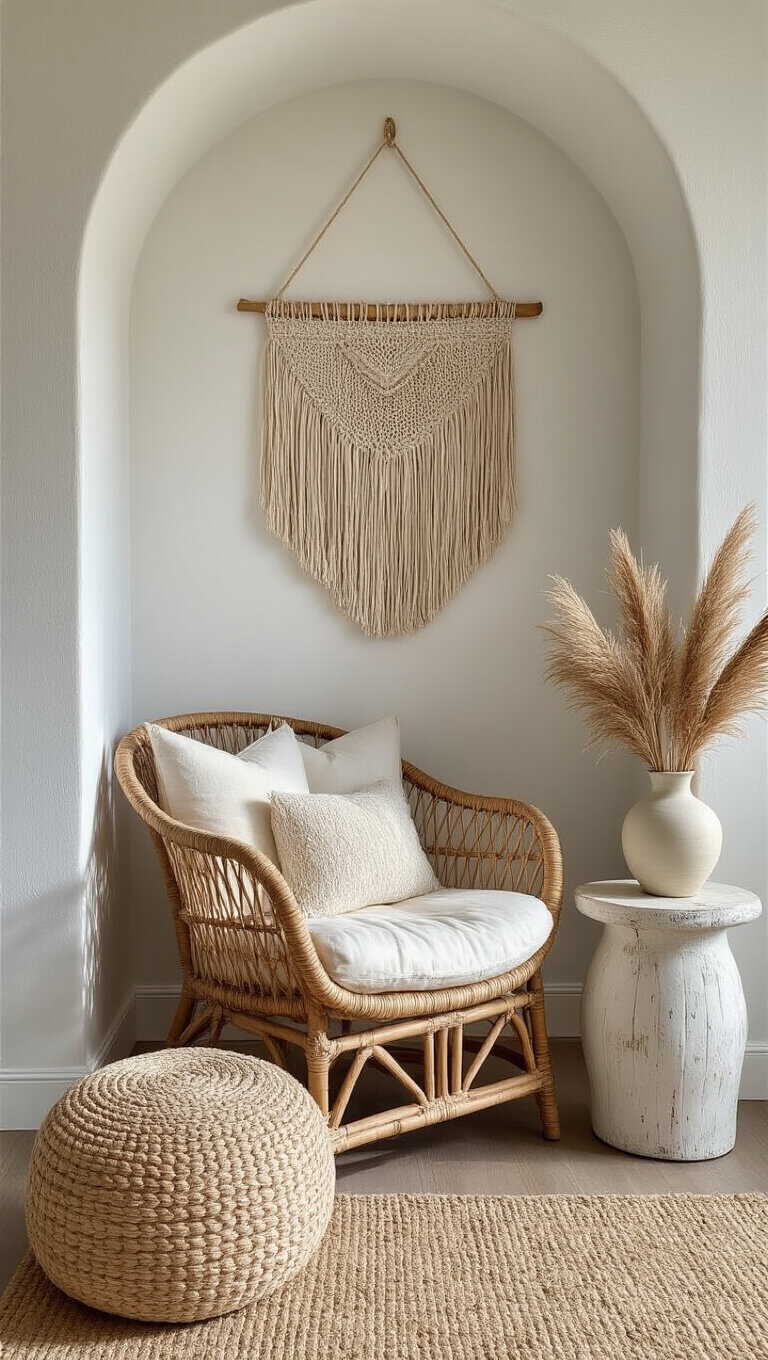 Coastal bedroom reading nook with oversized rattan chair, ivory cushions, jute pouf, white side table, pampas grass in ceramic vase, and macramé wall hanging in warm afternoon light.