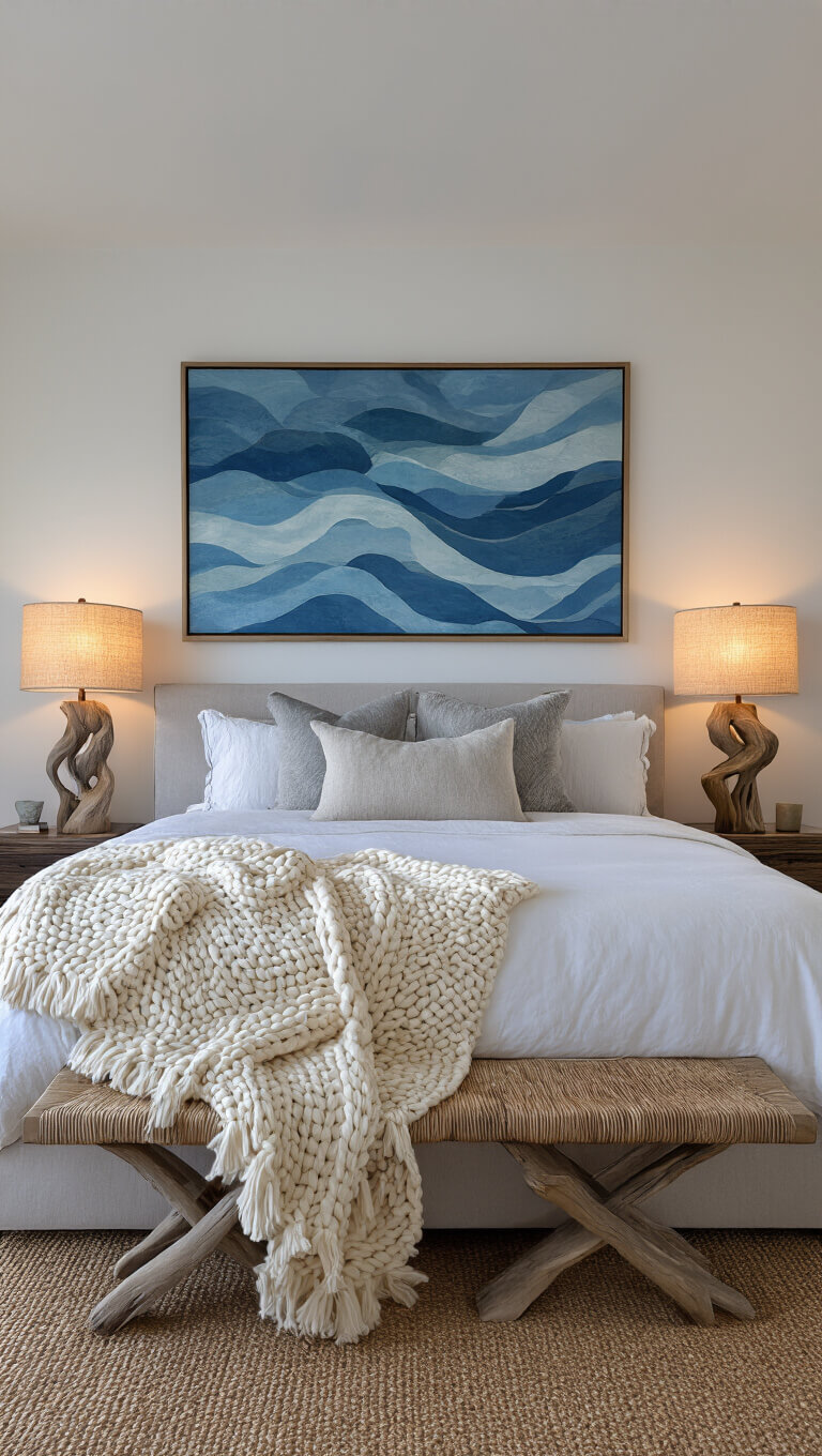 Dramatic dusk view of a primary bedroom featuring a statement king bed with a cream chunky knit throw, driftwood lamps with linen shades, an abstract seascape above the headboard, and a sisal carpet adding texture.
