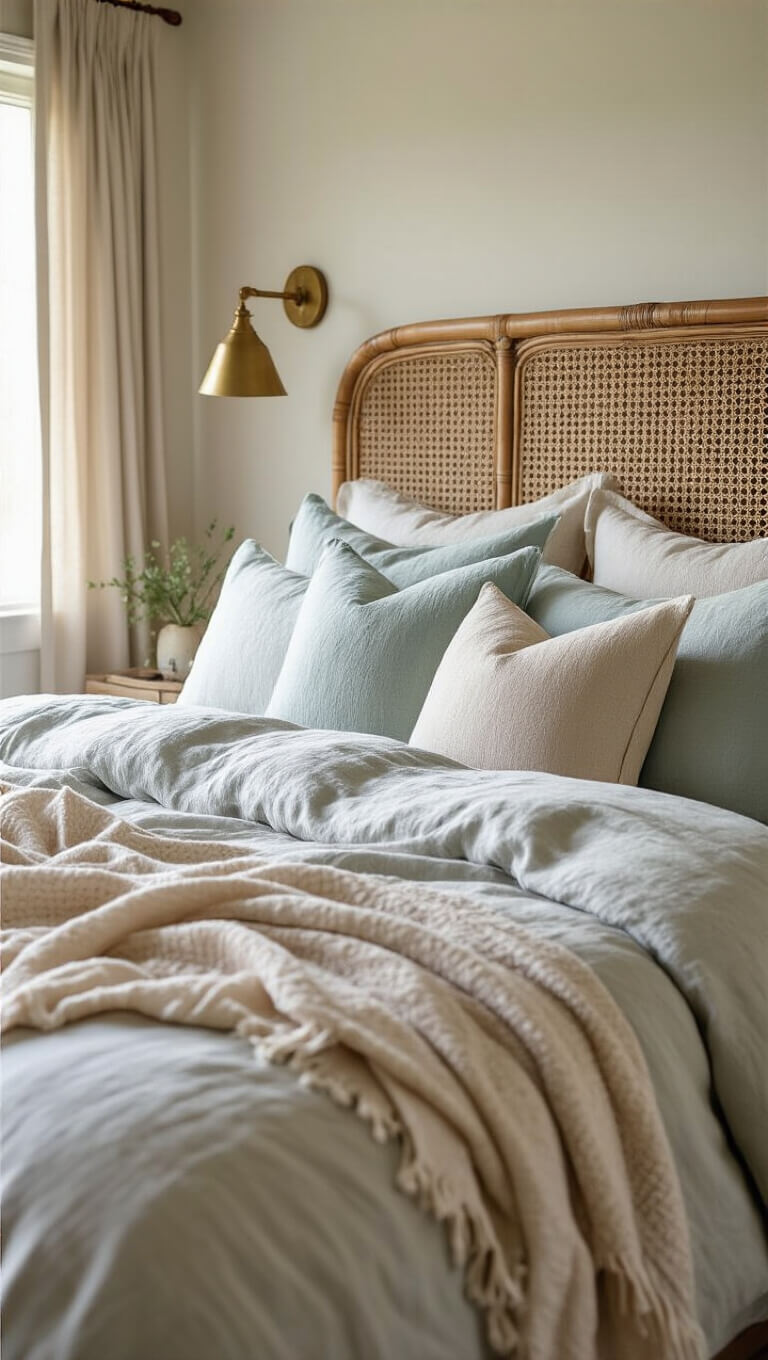 Close-up of styled bed with pearl gray linen duvet, seafoam cotton throws, sandy beige silk pillows, rattan headboard, and brass reading sconce in morning light.