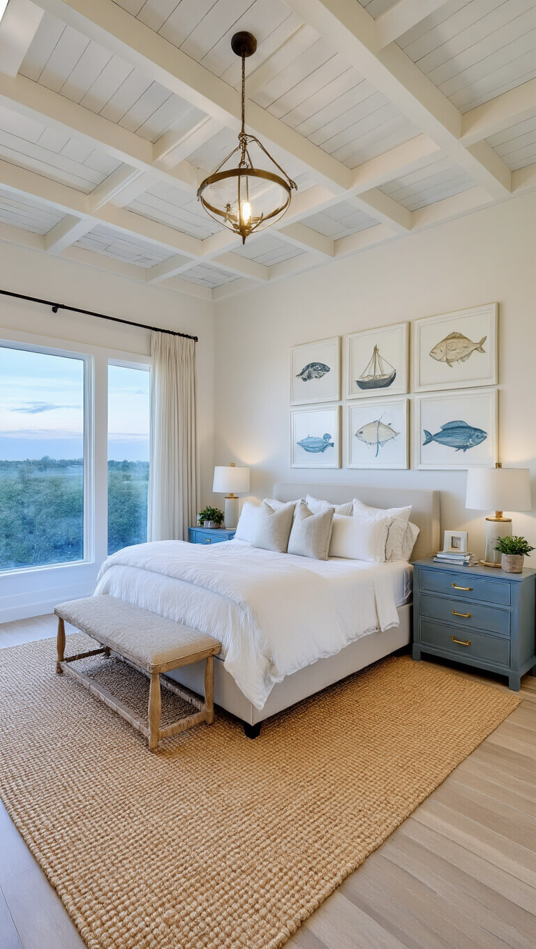 Wide-angle view of coastal-themed 16x18ft primary suite at twilight with tray ceiling, king bed, seagrass rug, and soft neutral decor.