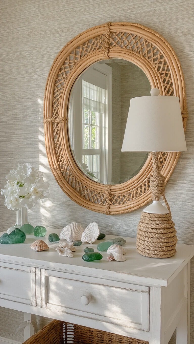 Coastal vanity with vintage rattan mirror, sea glass, shells, and ceramic lamp in soft morning light.