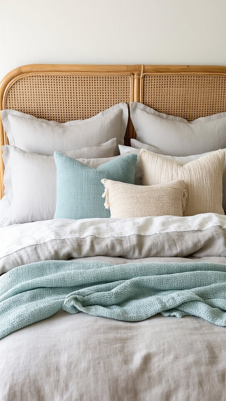 Overhead view of king bed with pale gray linen duvet, sea glass blue and sandy beige throws, coastal-textured pillows, and rattan headboard in morning light.