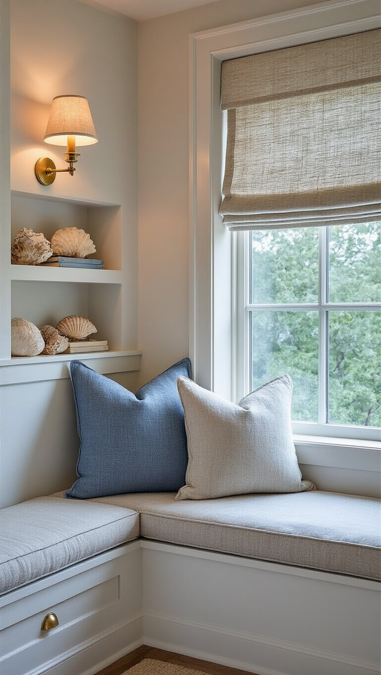Cozy evening reading nook with built-in window seat, coastal-toned cushions, brass sconce, floating shelves with shells, and textured roman shade filtering twilight.