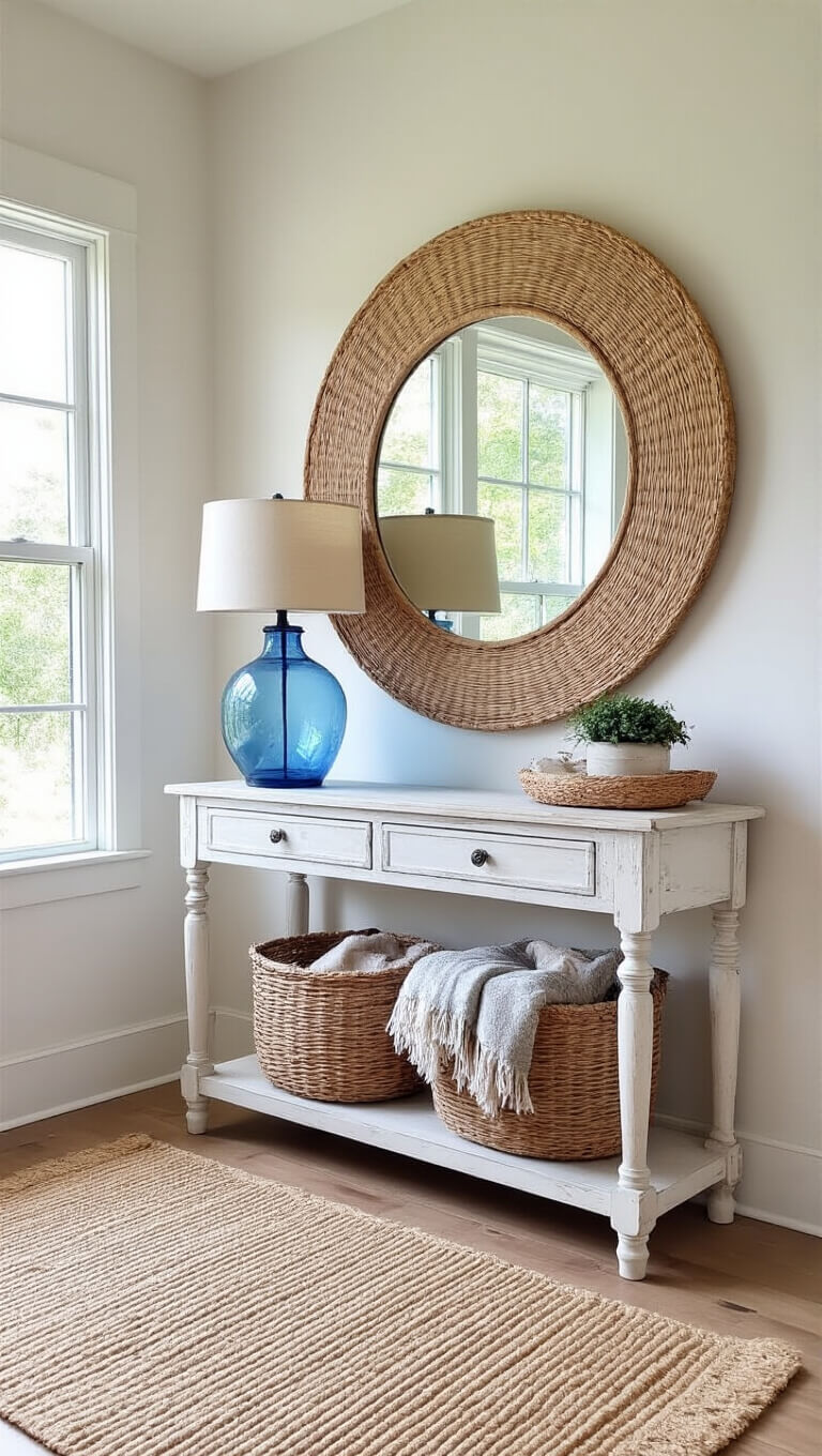 Vintage-style bedroom entrance with distressed white console, blue glass lamp, round rattan mirror, woven basket of blankets, and sisal runner in soft morning light.