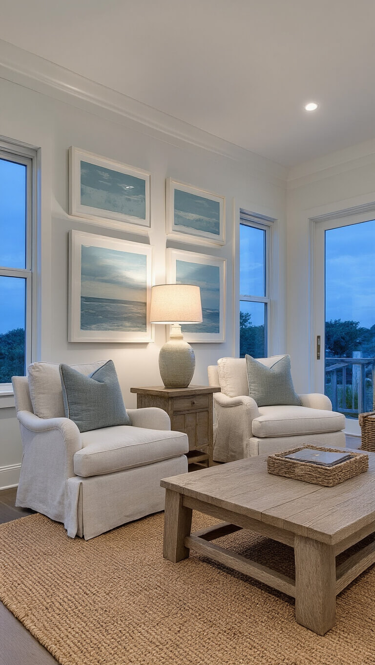 Dusk-lit primary bedroom sitting area with linen chairs, oak coffee table, jute rug, ceramic lamps, and coastal artwork on gallery wall.