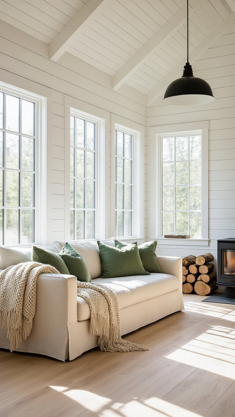Nordic cabin living room with cream linen sofa, sage pillows, and morning light through floor-to-ceiling windows.