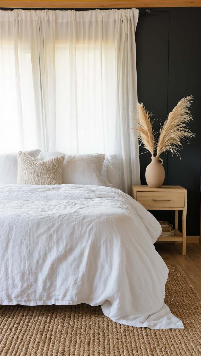 Cozy cabin bedroom with white bedding, dark charcoal accent wall, and natural light filtering through sheer curtains at golden hour.