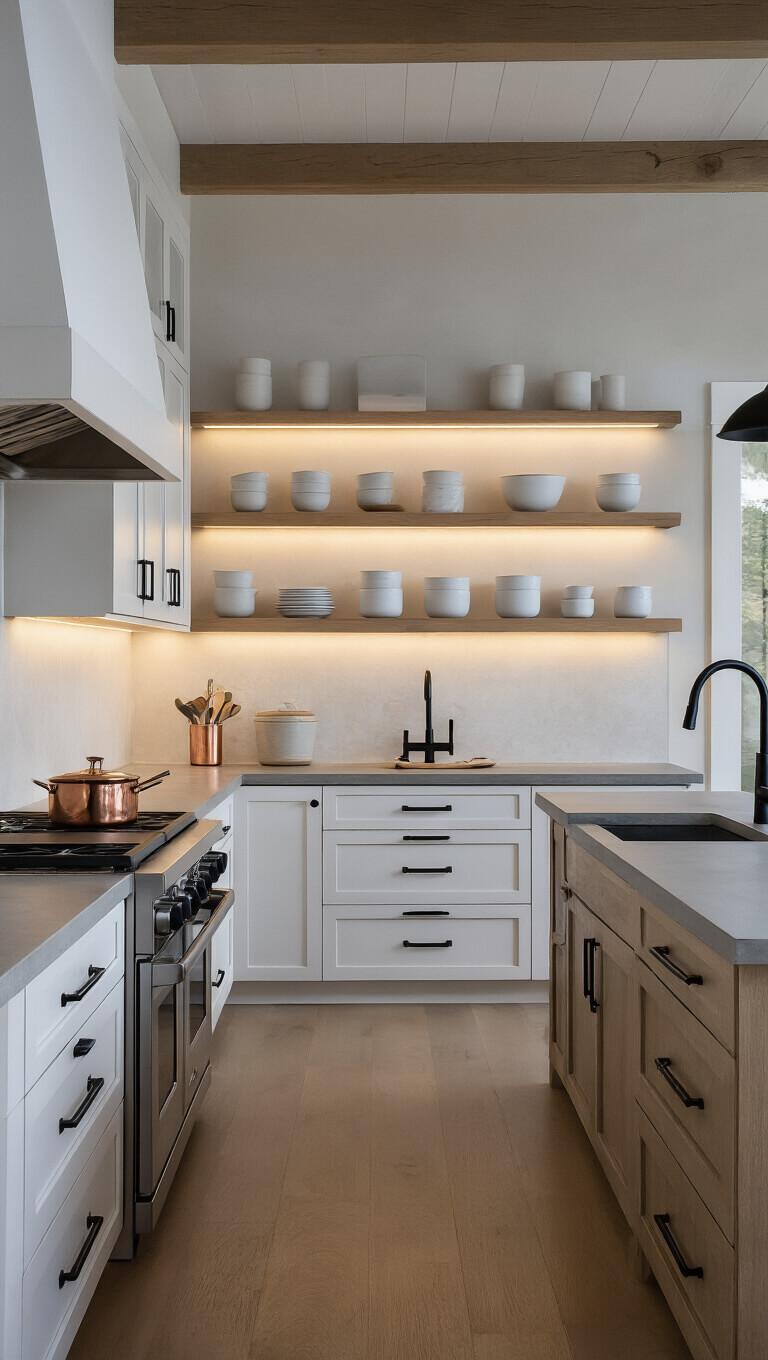 Cozy cabin kitchen at dusk with under-cabinet lighting, white oak cabinets, concrete countertops, and copper accents.
