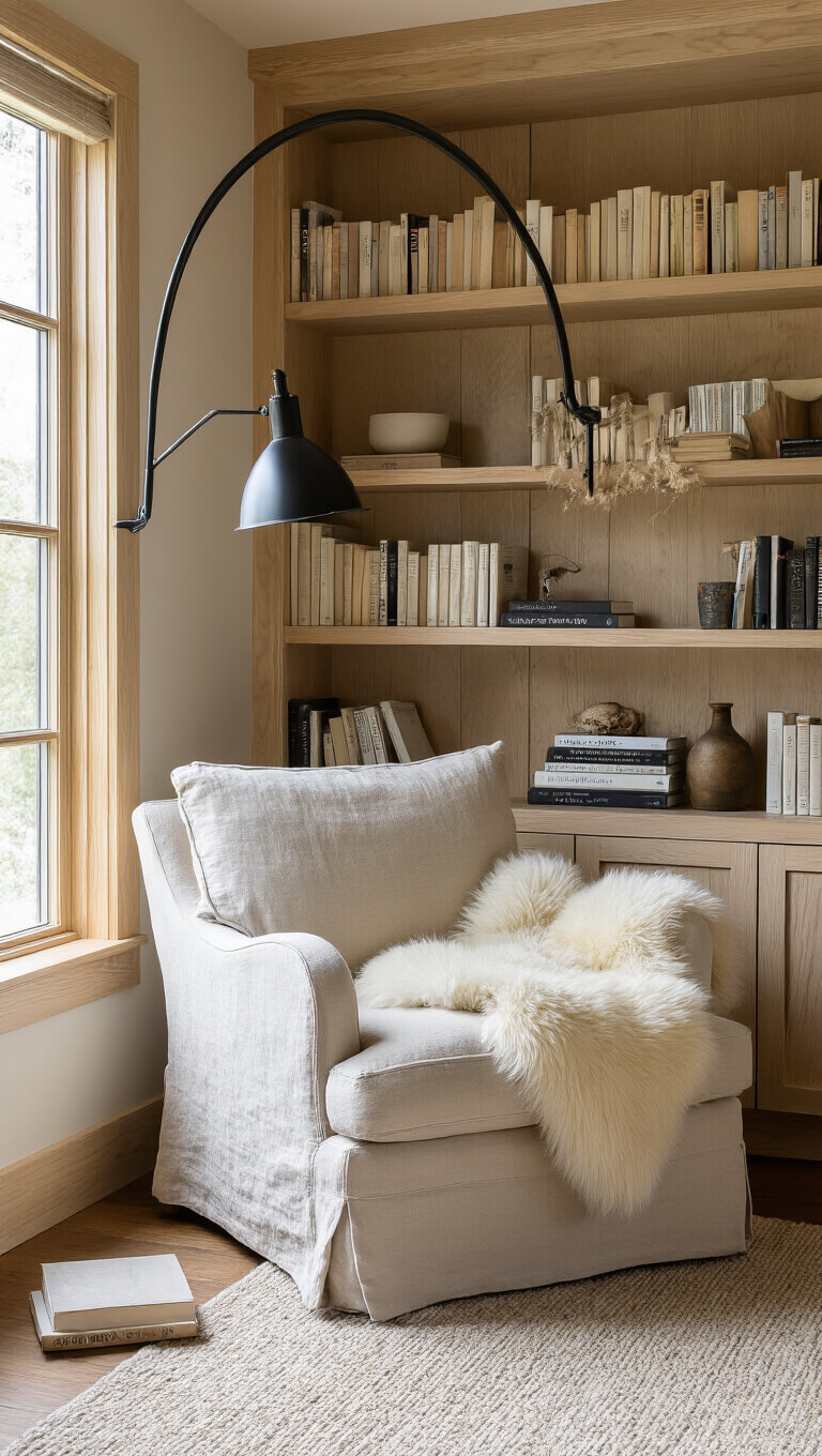 Cozy sunlit reading corner with oversized oatmeal linen armchair, sheepskin throw, black metal floor lamp, and pine bookshelves filled with books.