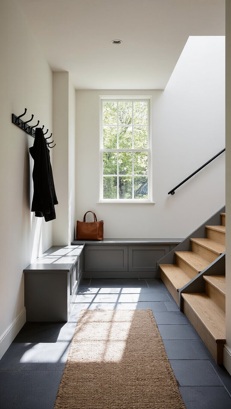Entrance hallway with slate tile floor, weathered gray wood bench, black metal hooks, pine stairs, and dramatic afternoon shadows.