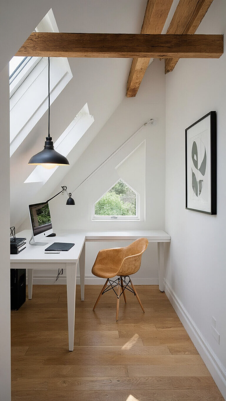 Cozy loft workspace with white desk facing window, Eames-style wooden chair, pendant light overhead, and minimal black-framed art under exposed beams.