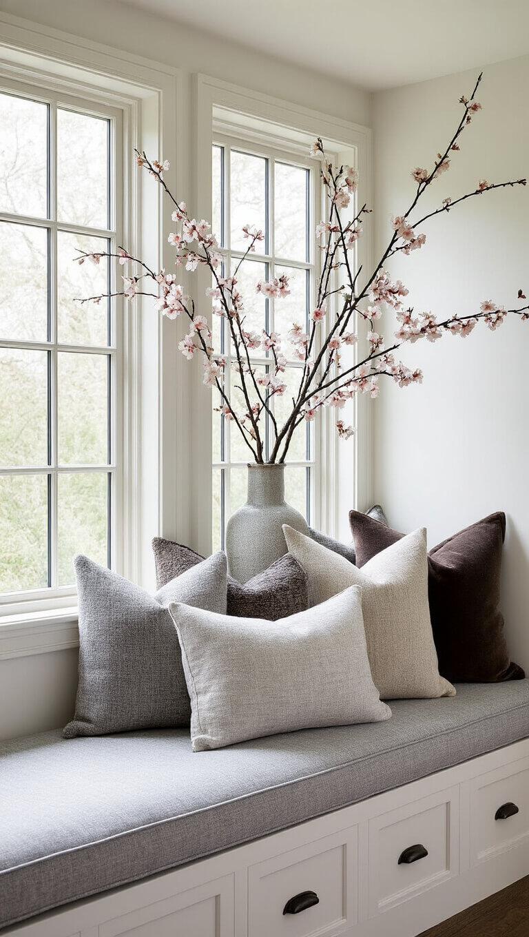 Symmetrical window seat nook with gray linen cushions, layered textured pillows, and a tall vase holding cherry blossom branches.