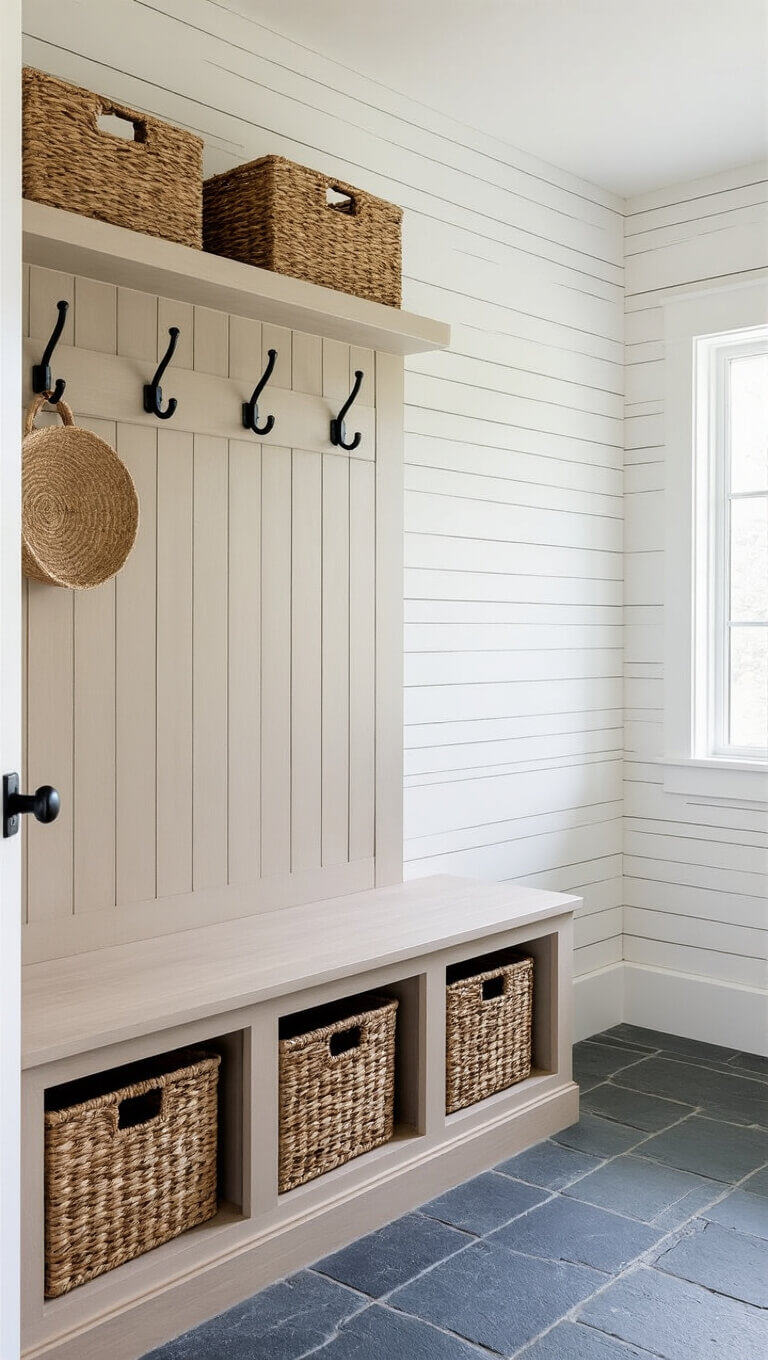 Bright cabin mudroom with white shiplap walls, slate floors, pale wood built-in storage, woven baskets, and black iron hooks.