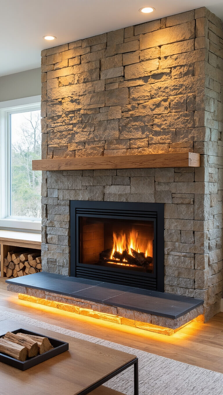 Modern living room with stone fireplace wall, black woodstove on slate hearth, floating wood mantel, built-in firewood niche, and warm ambient lighting.