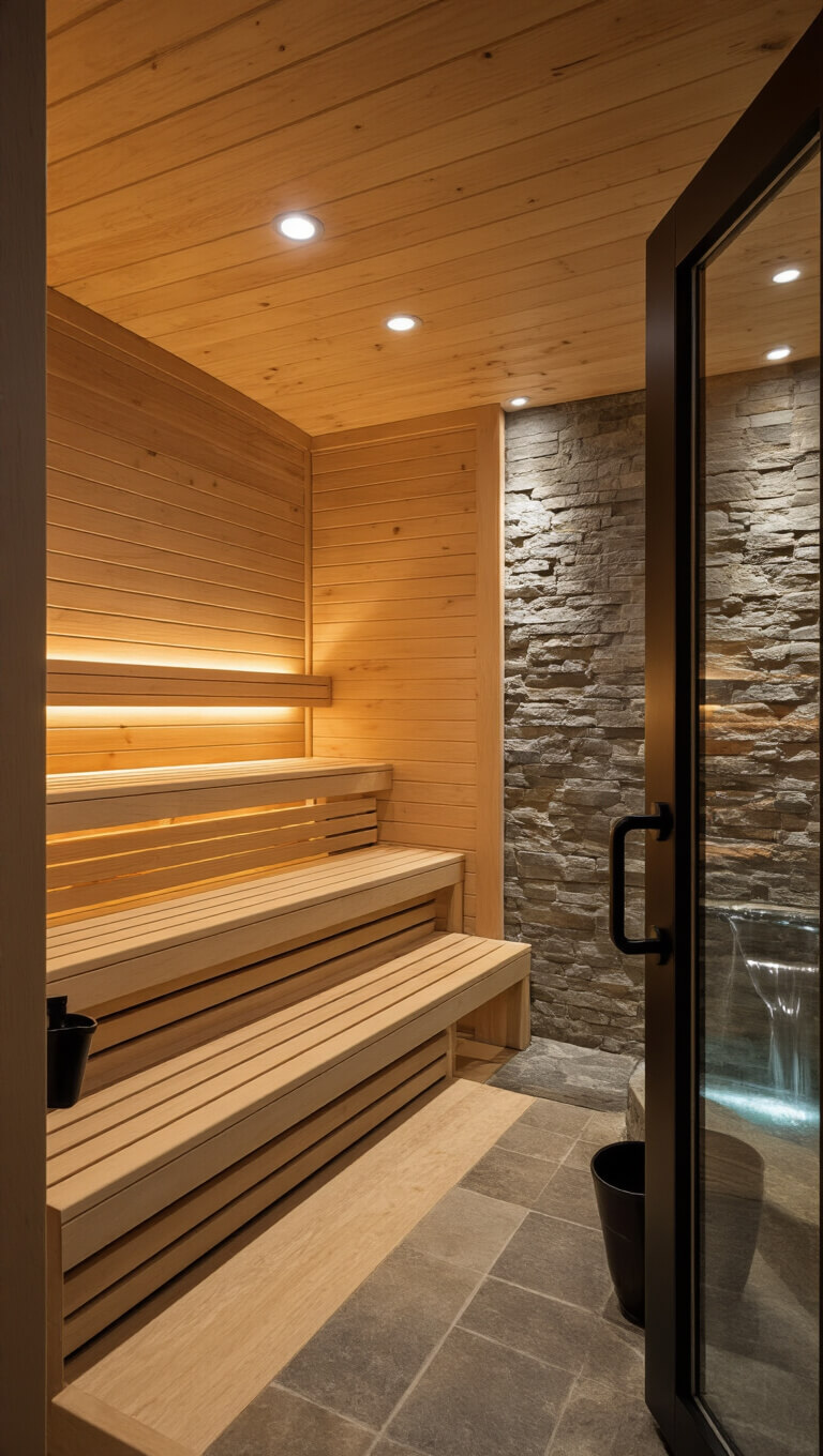 Modern cedar sauna room with recessed LED lighting, glass door, two-tiered benches, stone waterfall wall, and minimalist black accessories.