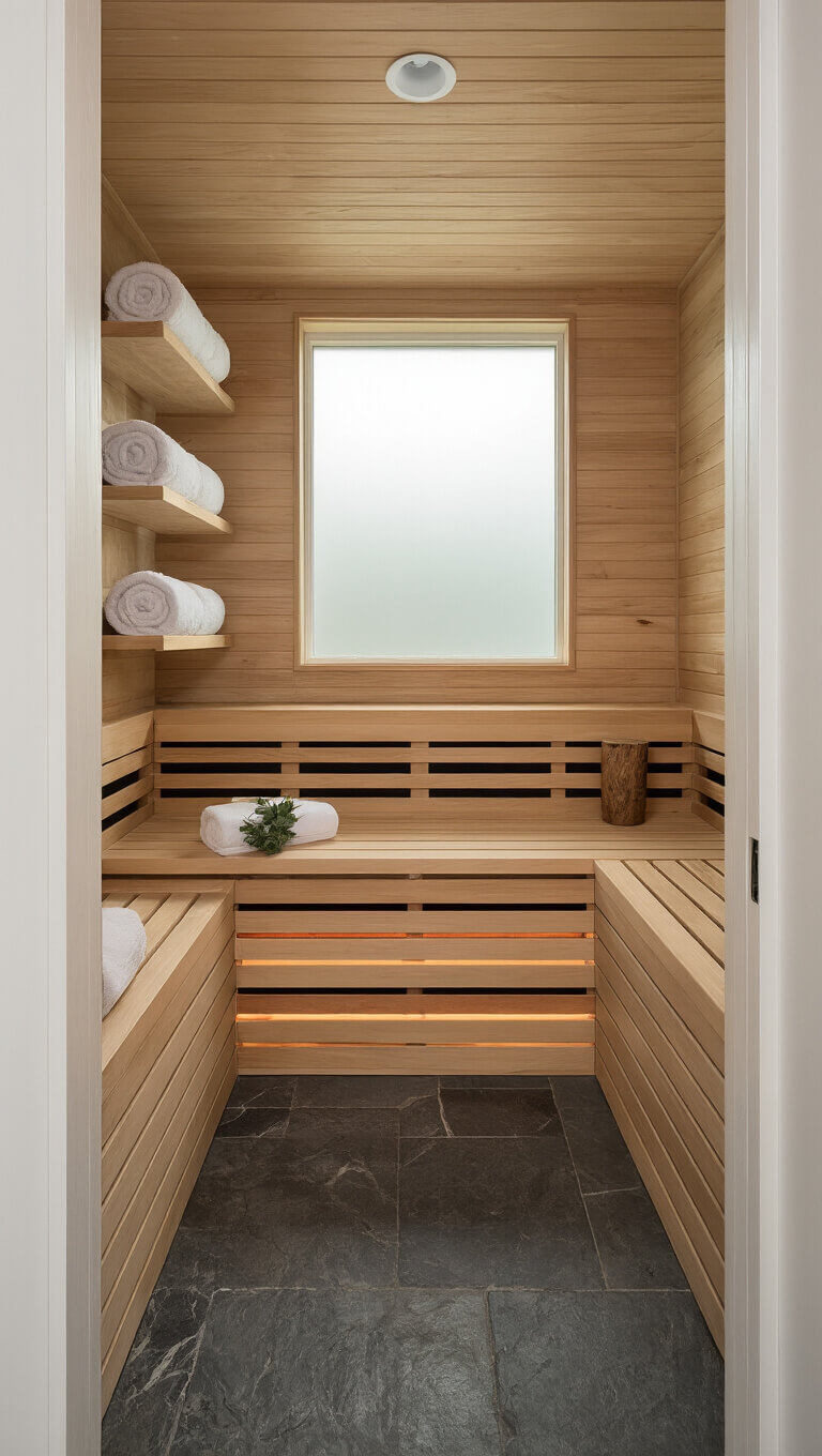 High-angle view of compact 5'x7' bathroom spa with infrared sauna panels on three walls, blonde cedar bench seating, floating shelves holding white towels and eucalyptus, frosted window with morning light, and heated natural dark stone floor.