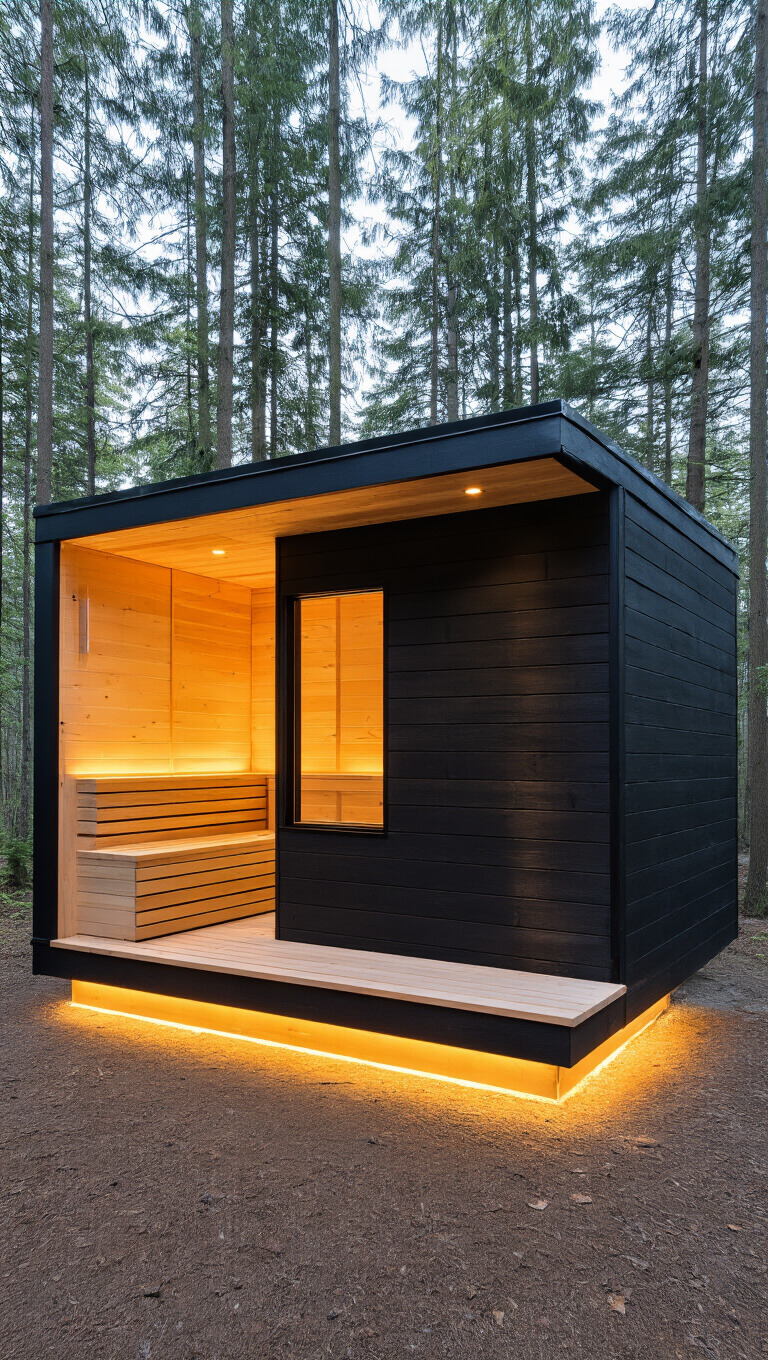 Scandinavian-style black-stained outdoor sauna cabin with panoramic forest-facing window, photographed at golden hour with warm lighting and serene natural backdrop.