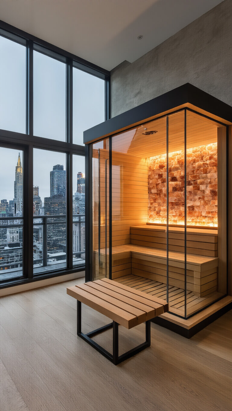 Glass-enclosed sauna pod in modern living room with cedar benches, Himalayan salt wall, and twilight city views.